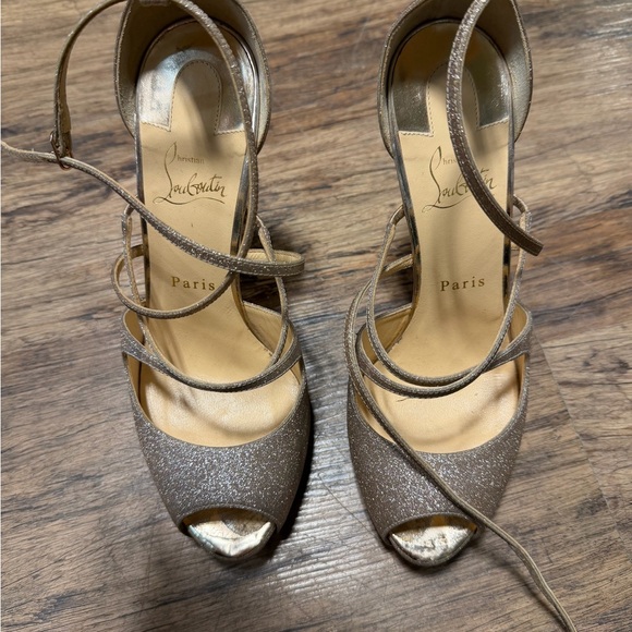 Christian Louboutin Shoes - Christian Louboutin Champagne Glitter Strappy Peep-Toe Heels